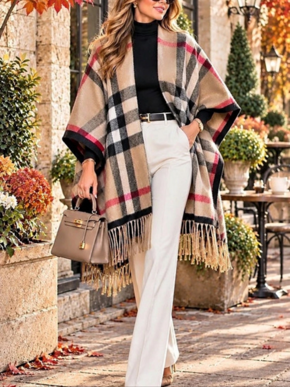25 Plaid Fringe Poncho in Brown & Black